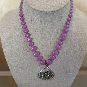 Silver lotus flower pendant necklace with lilac beads
